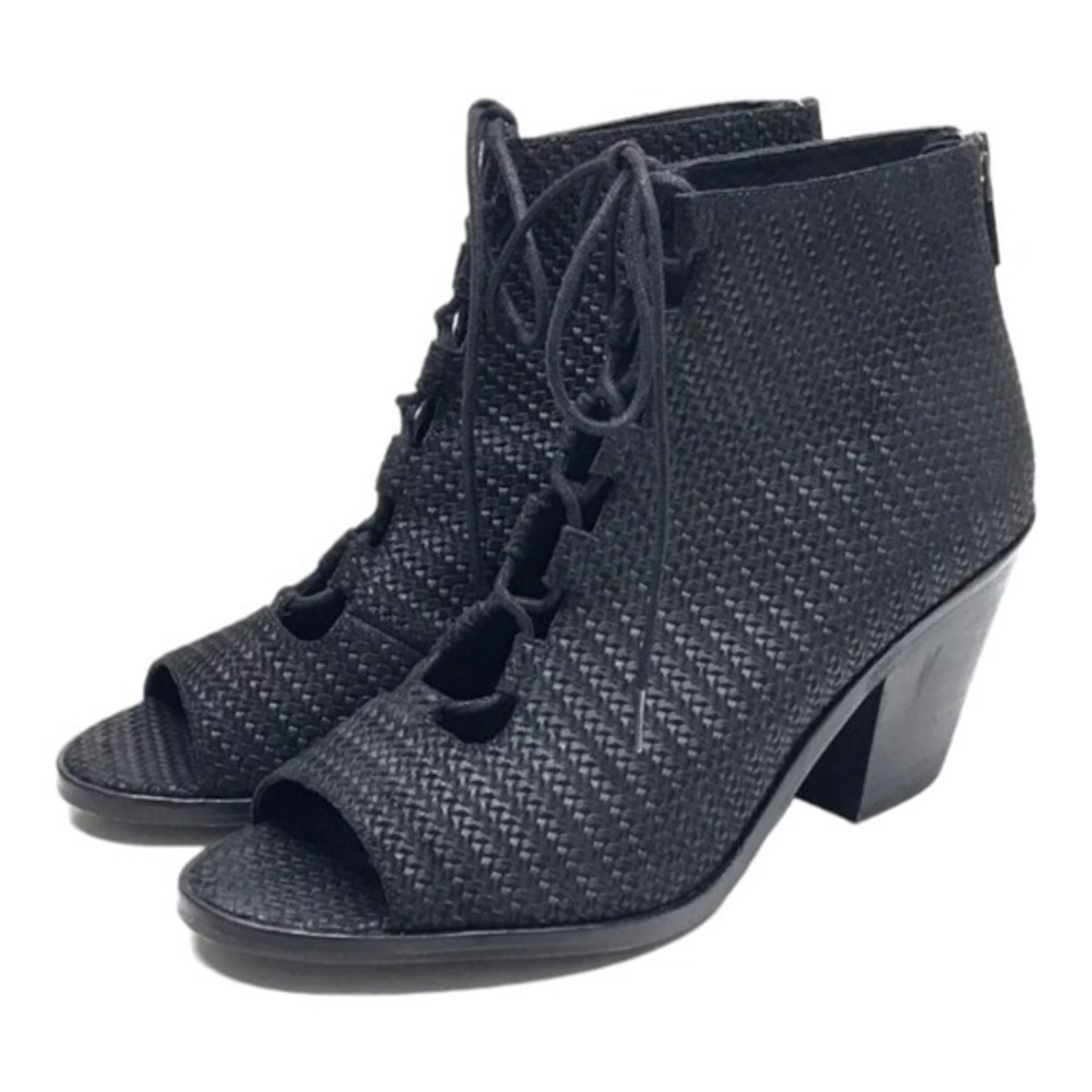 EILEEN‎ FISHER Peep Booties Sandal Slew Black Leather Lace Up Ankle Shoes 7.5